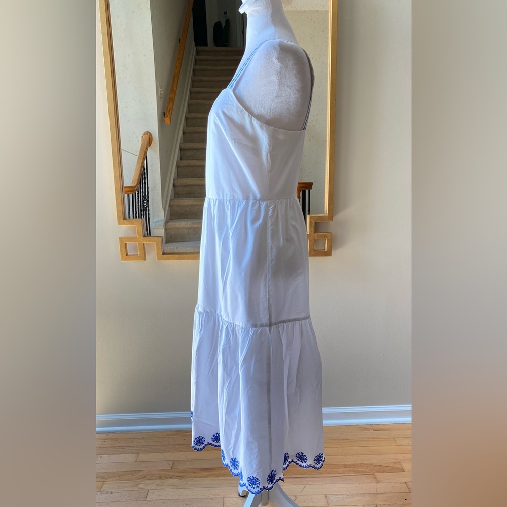 J. Crew Embroidered Saffron scalloped tiered white blue trim dress $128 - Picture 4 of 15